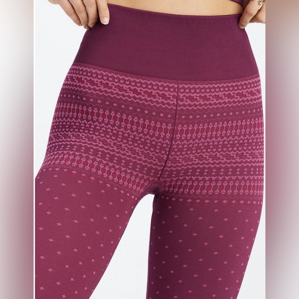 Fabletics High-Waisted Seamless Pink and Maroon Fair Isle Leggings - Picture 4 of 11